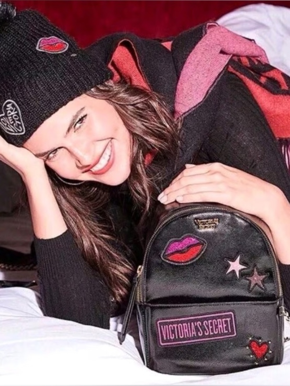 Victoria's Secret Black Mini Backpack with Pink & Red Patch Details
